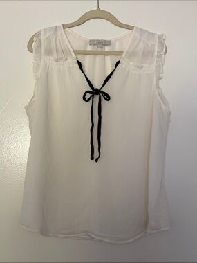 LOFT White Sleeveless Blouse with Black Tie